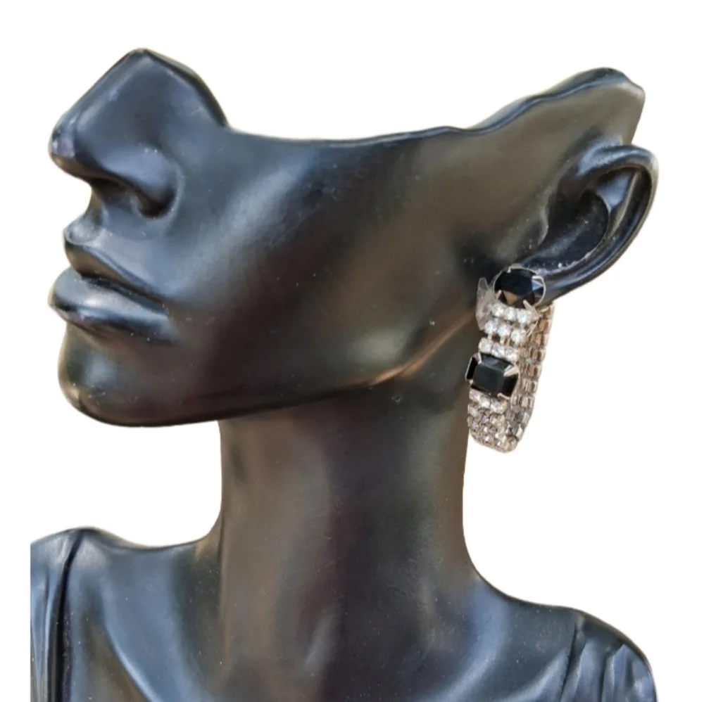 Vintage 50s Black And White Rhinestone Wrap Around Clip Earrings